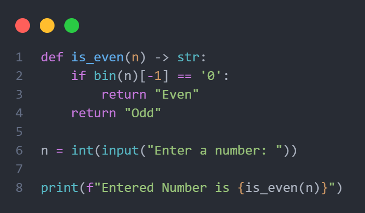 Python program using bin() function and negative indexing to check even/odd