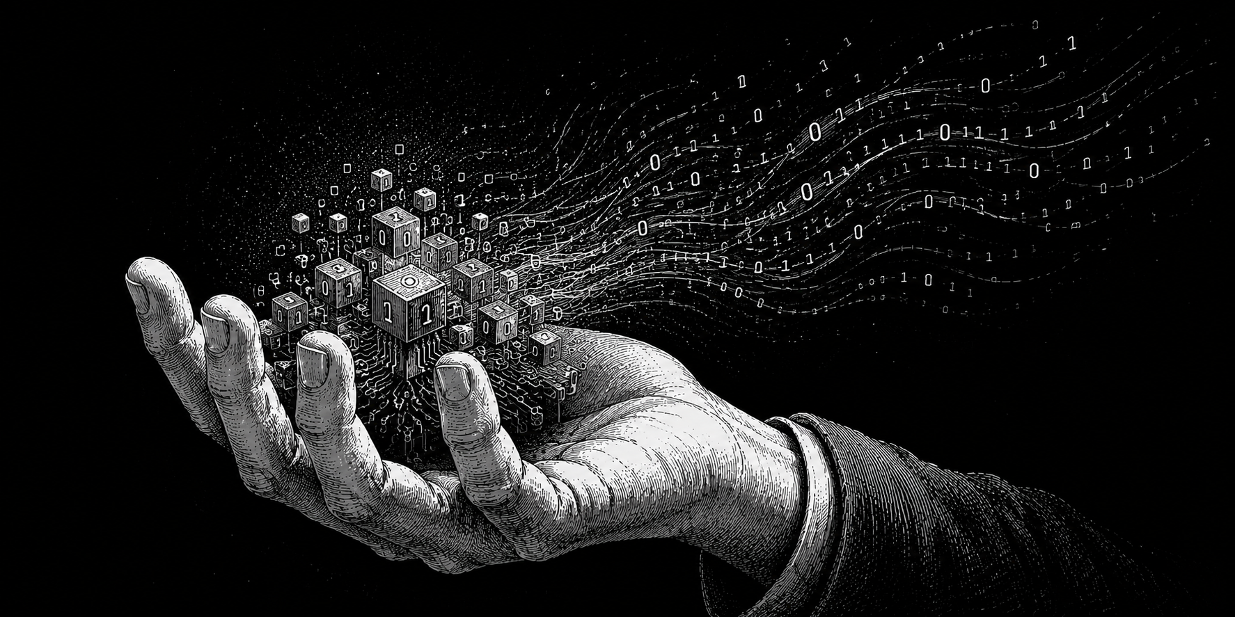 A hand holding binary cubes with streams of 0s and 1s flowing into the distance
